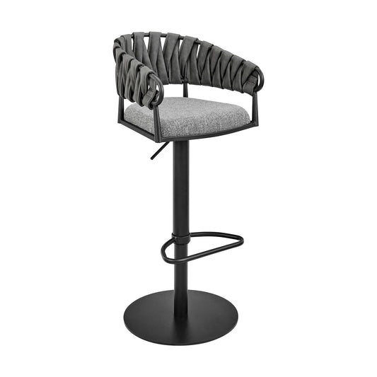 Silabe Adjustable Counter or Bar Stool in Black Metal with Gray Fabric and Faux Leather