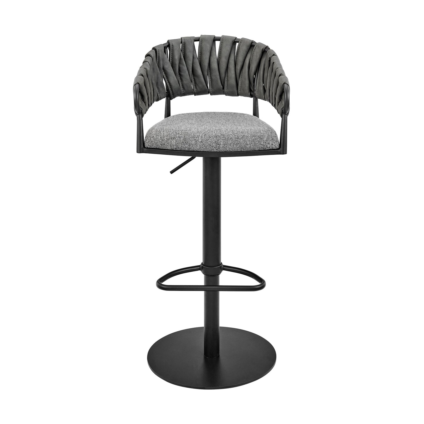 Silabe Adjustable Counter or Bar Stool in Black Metal with Gray Fabric and Faux Leather