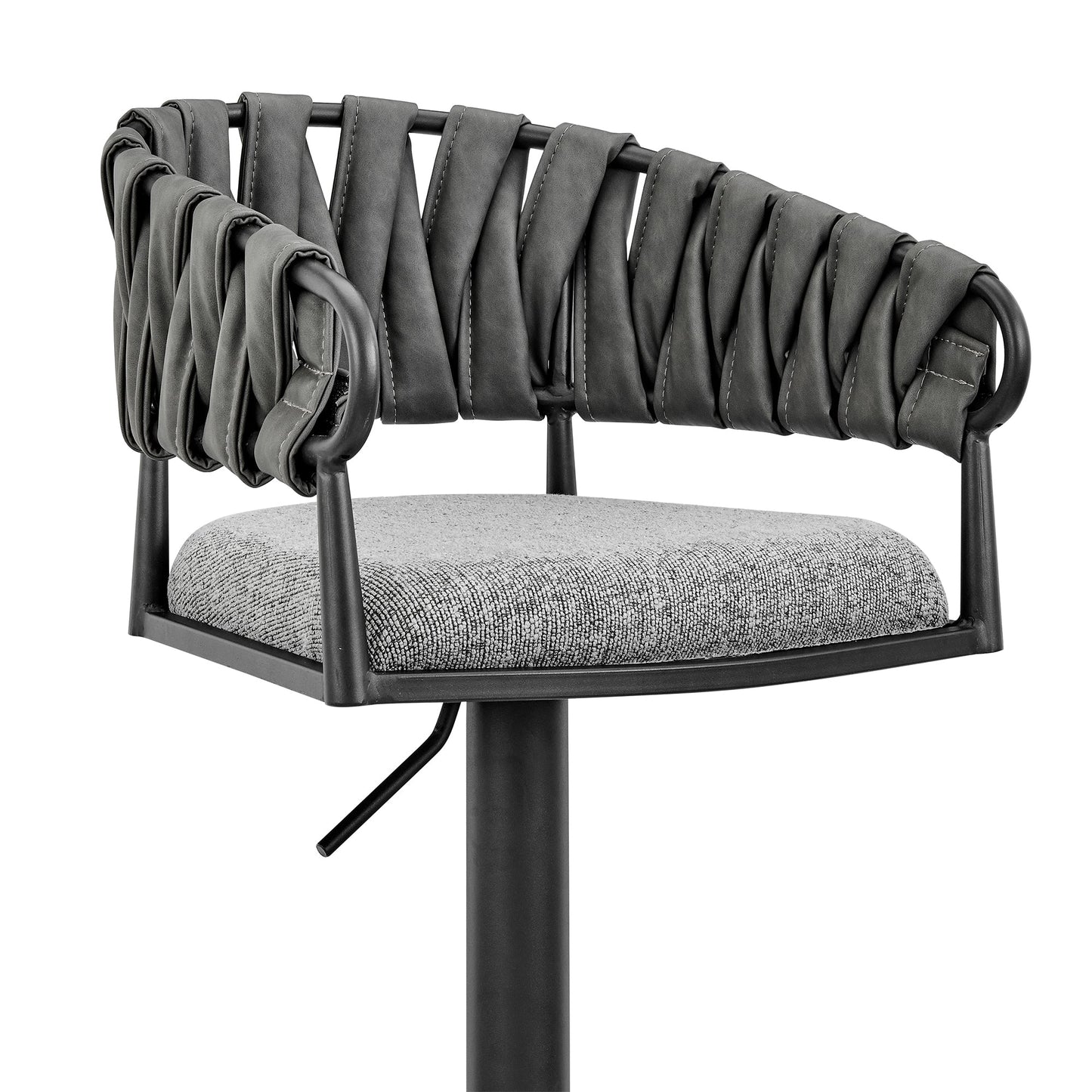 Silabe Adjustable Counter or Bar Stool in Black Metal with Gray Fabric and Faux Leather