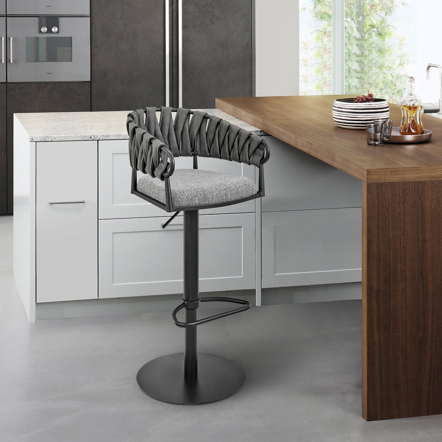 Silabe Adjustable Counter or Bar Stool in Black Metal with Gray Fabric and Faux Leather