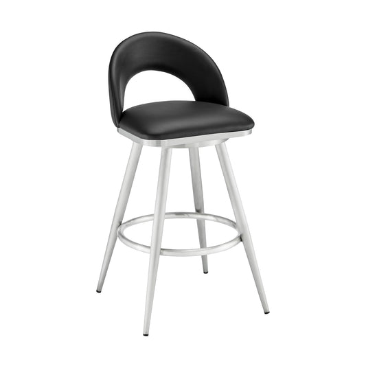 Lottech Swivel Counter Stool in Brushed Stainless Steel and Black Faux Leather