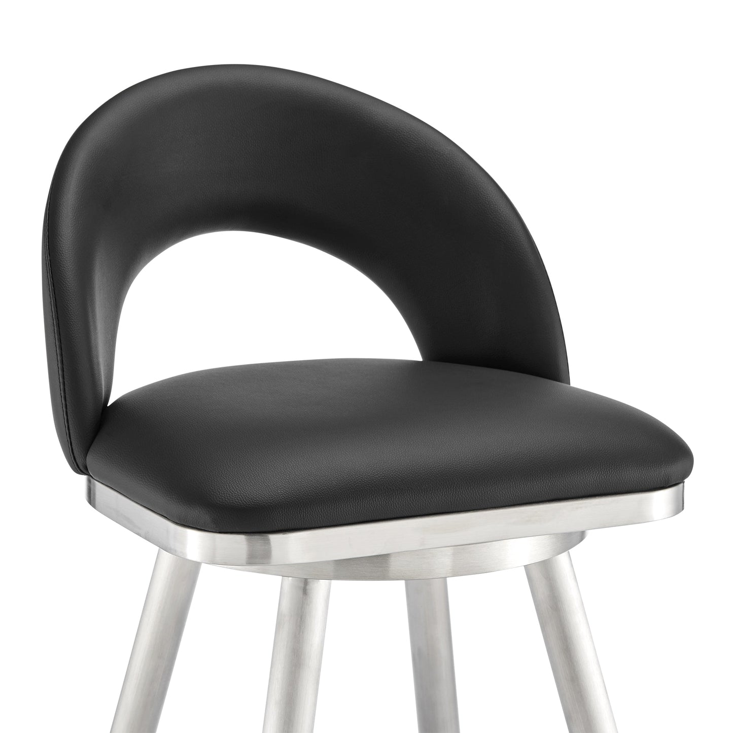 Lottech Swivel Counter Stool in Brushed Stainless Steel and Black Faux Leather