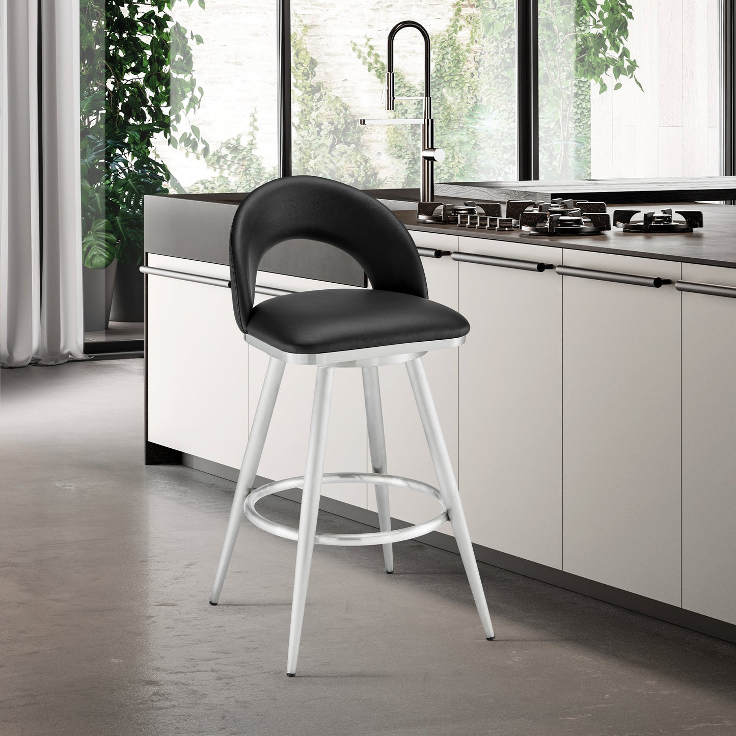 Lottech Swivel Counter Stool in Brushed Stainless Steel and Black Faux Leather