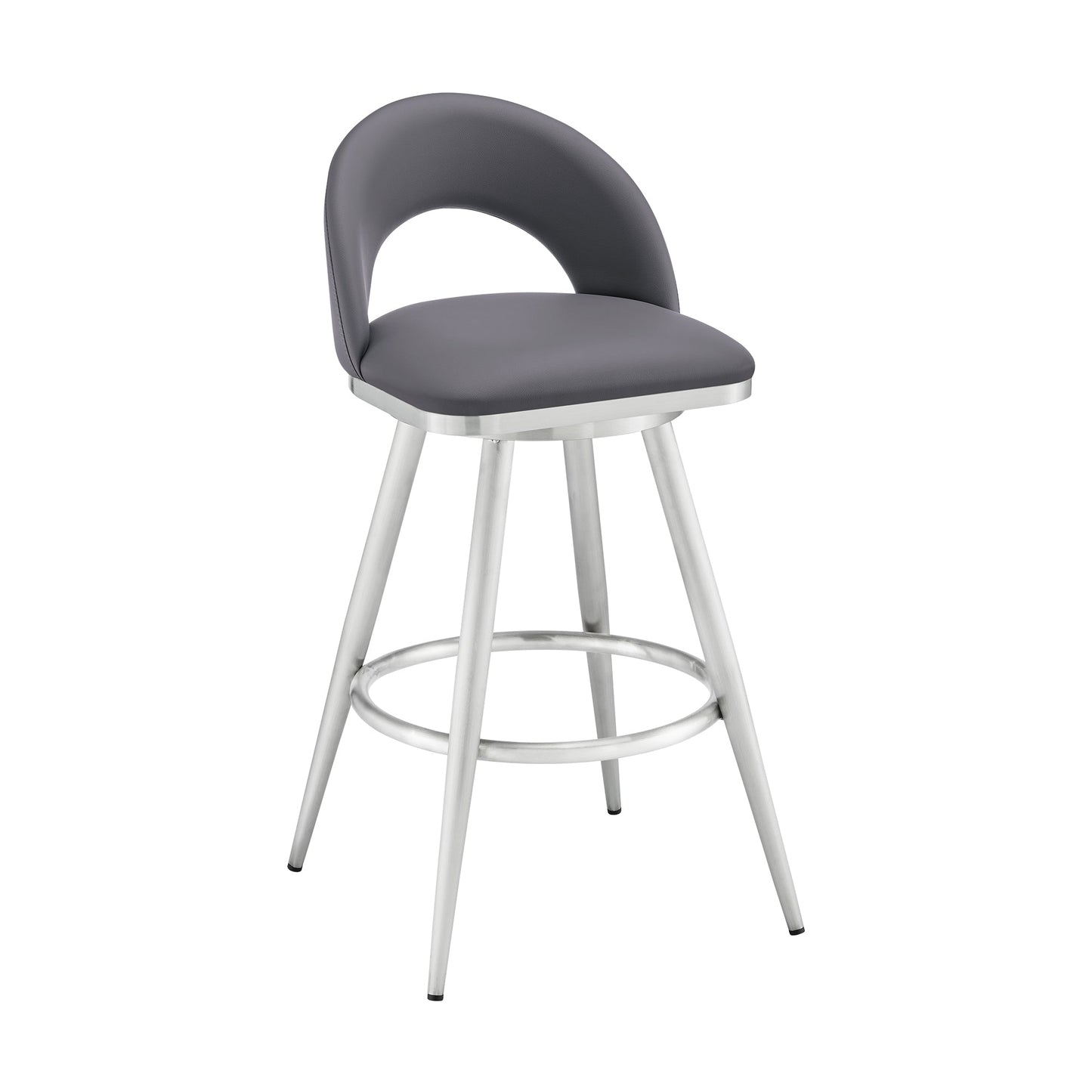 Lottech Swivel Counter Stool in Brushed Stainless Steel and Gray Faux Leather