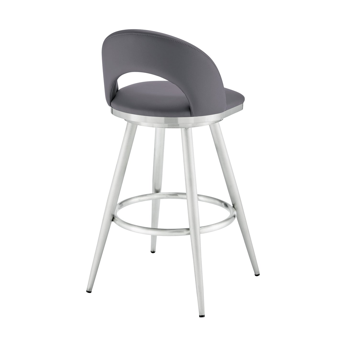 Lottech Swivel Counter Stool in Brushed Stainless Steel and Gray Faux Leather