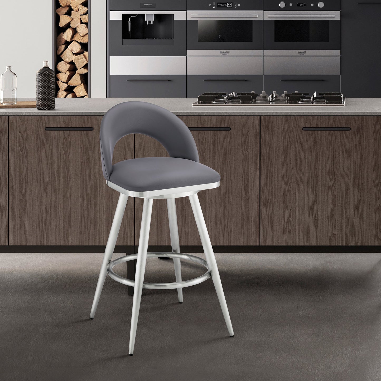 Lottech Swivel Counter Stool in Brushed Stainless Steel and Gray Faux Leather