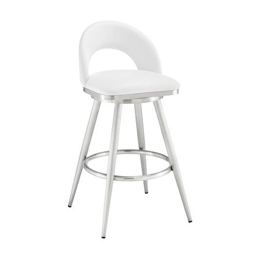 Lottech Swivel Counter Stool in Brushed Stainless Steel with White Faux Leather