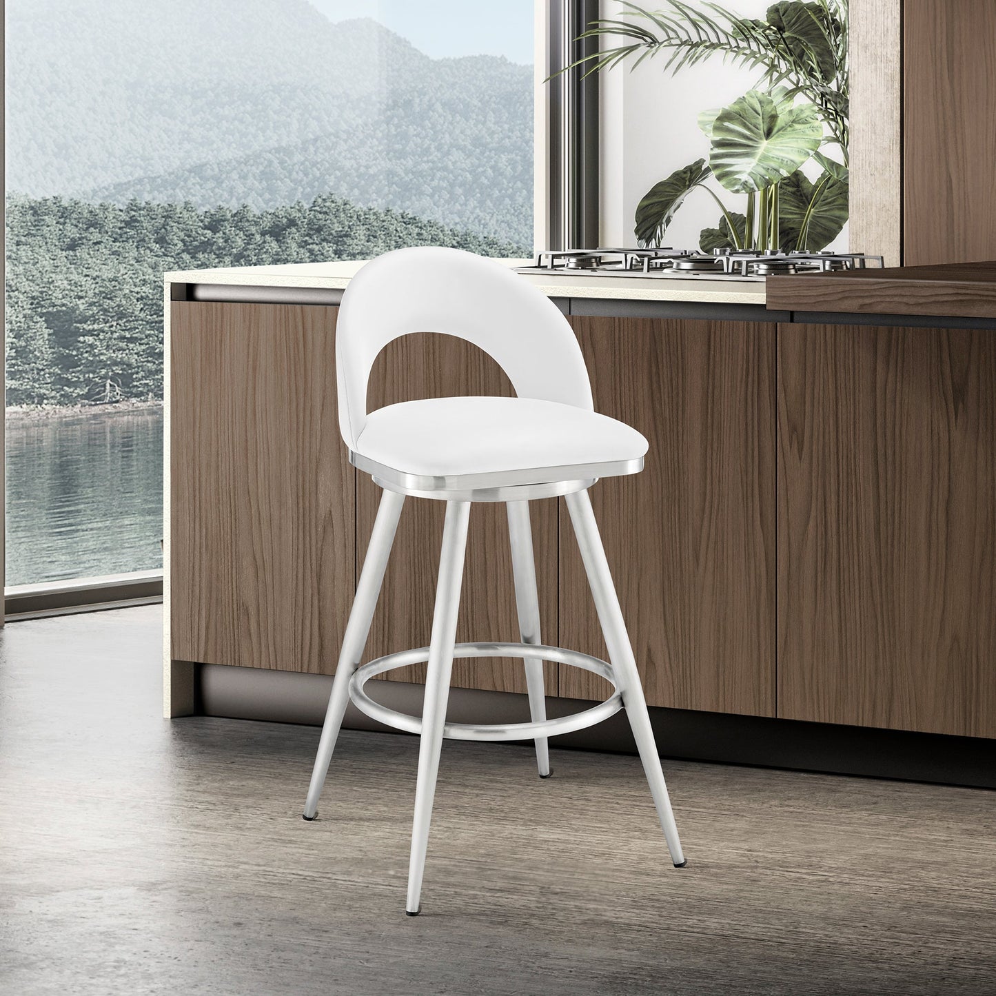 Lottech Swivel Counter Stool in Brushed Stainless Steel with White Faux Leather