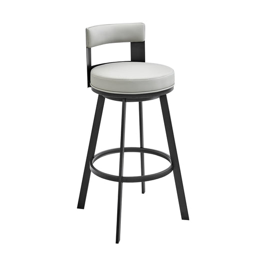 Lynof Swivel Counter Stool in Black Metal with Light Gray Faux Leather