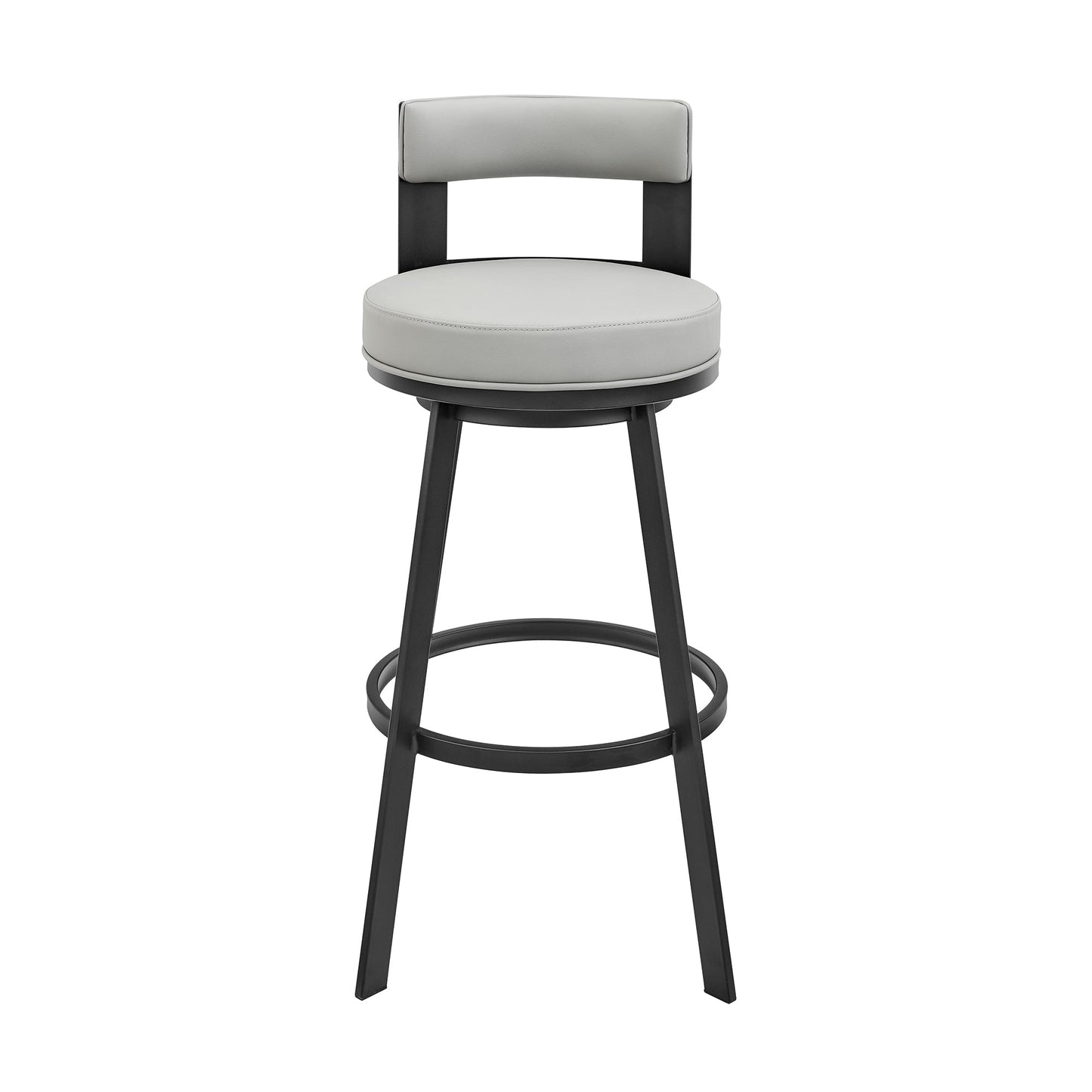 Lynof Swivel Counter Stool in Black Metal with Light Gray Faux Leather