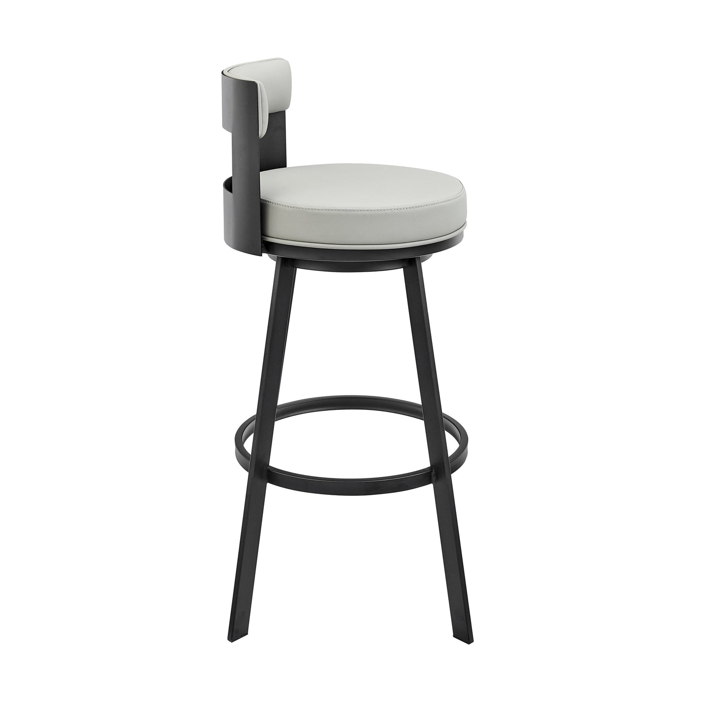 Lynof Swivel Counter Stool in Black Metal with Light Gray Faux Leather