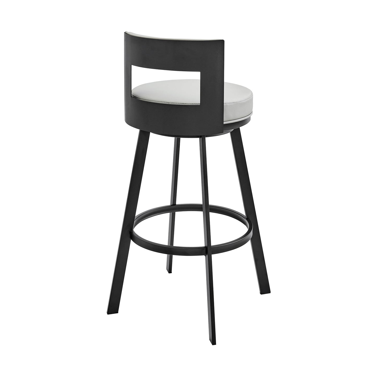 Lynof Swivel Counter Stool in Black Metal with Light Gray Faux Leather