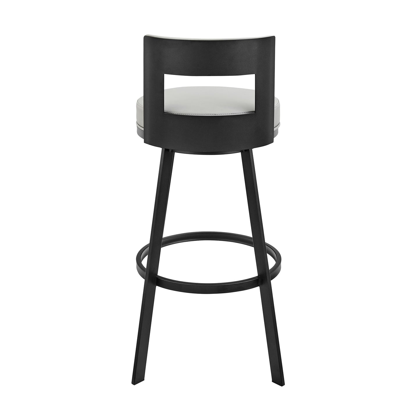 Lynof Swivel Counter Stool in Black Metal with Light Gray Faux Leather