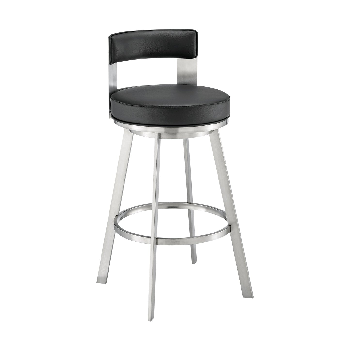 Lynof Swivel Counter Stool in Brushed Stainless Steel with Black Faux Leather