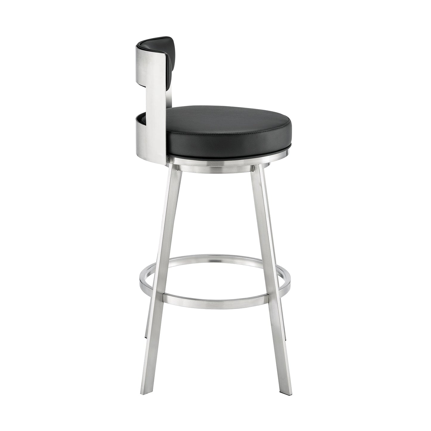 Lynof Swivel Counter Stool in Brushed Stainless Steel with Black Faux Leather