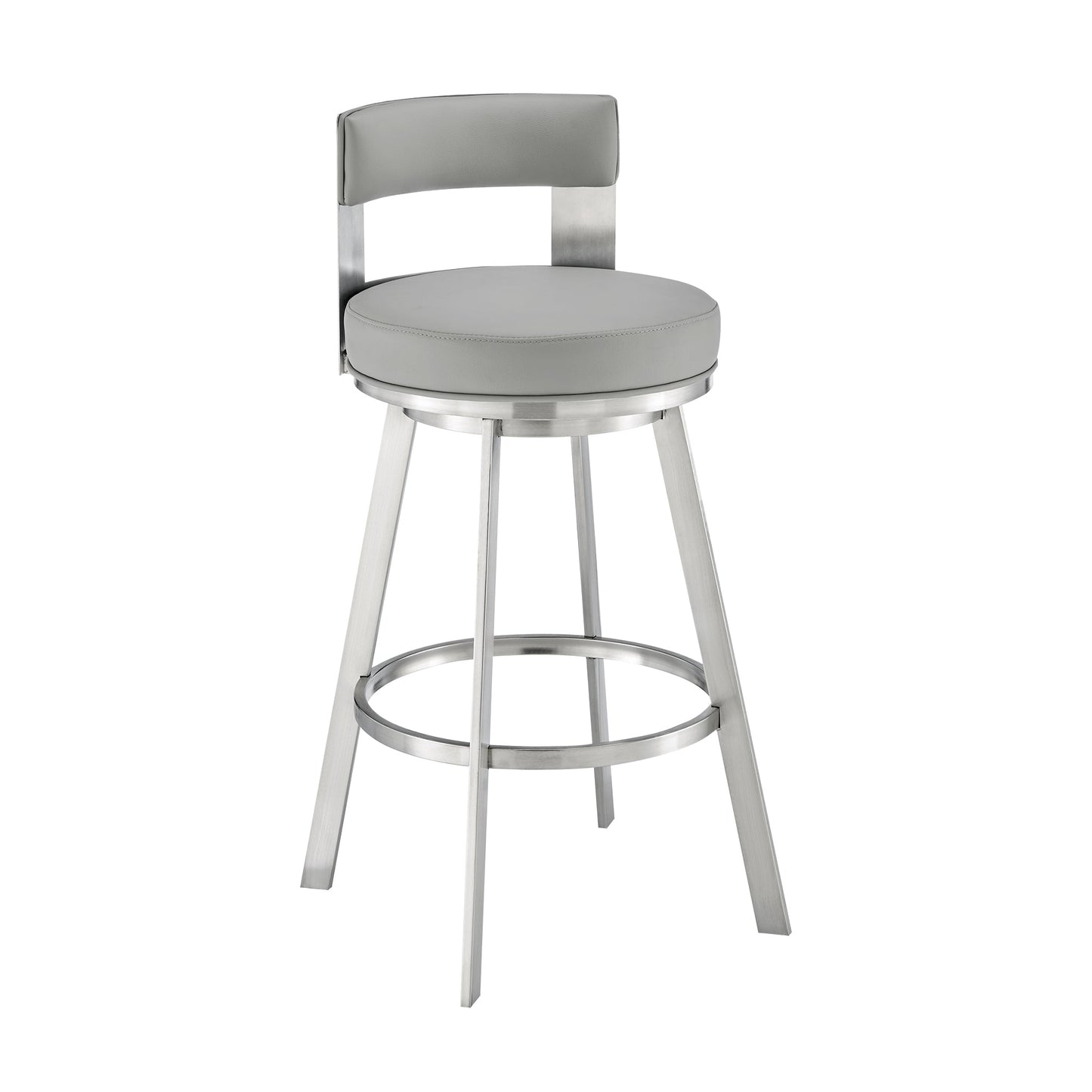 Lynof Swivel Counter Stool in Brushed Stainless Steel with Light Gray Faux Leather