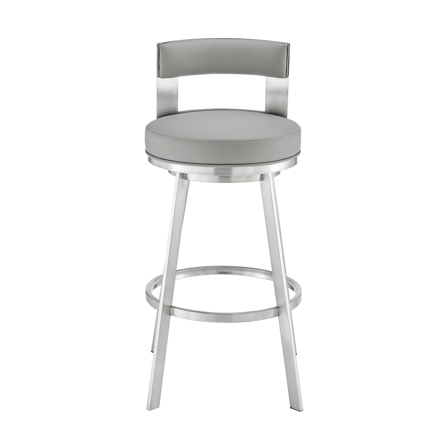 Lynof Swivel Counter Stool in Brushed Stainless Steel with Light Gray Faux Leather