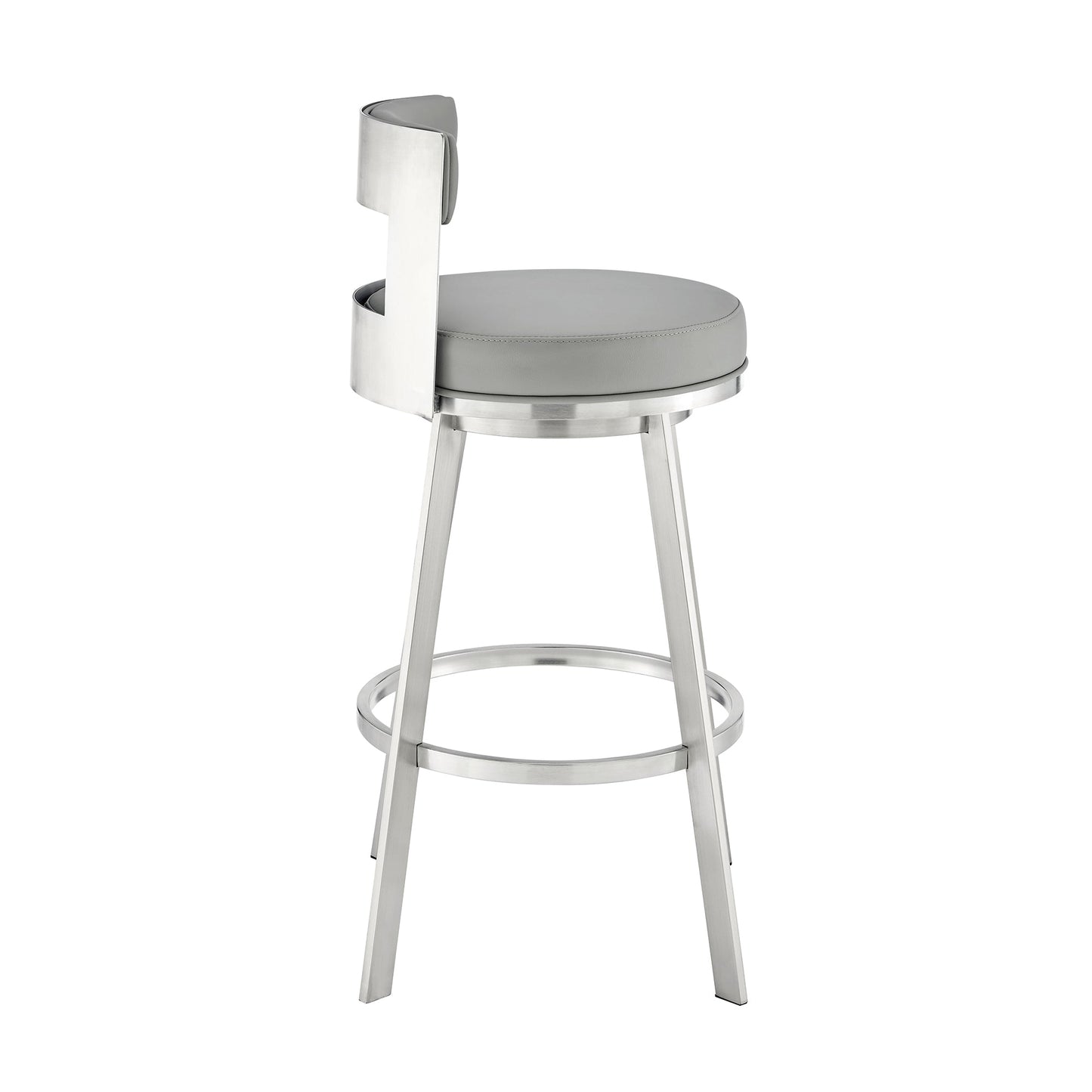 Lynof Swivel Counter Stool in Brushed Stainless Steel with Light Gray Faux Leather