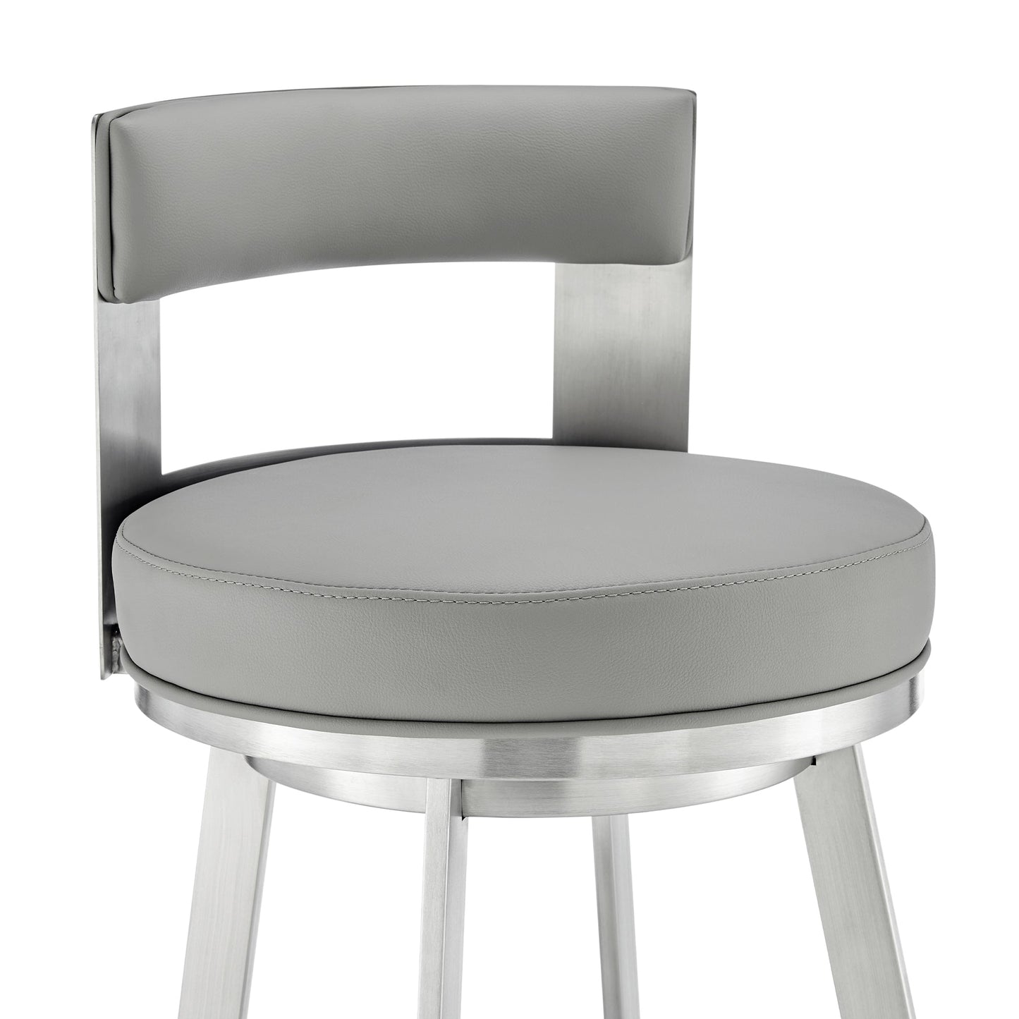 Lynof Swivel Counter Stool in Brushed Stainless Steel with Light Gray Faux Leather