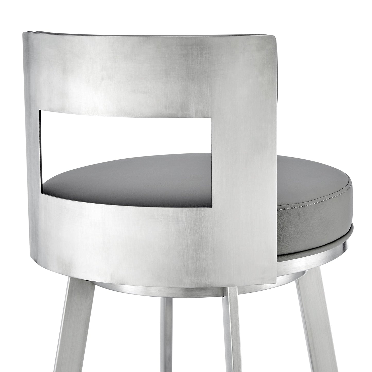 Lynof Swivel Counter Stool in Brushed Stainless Steel with Light Gray Faux Leather