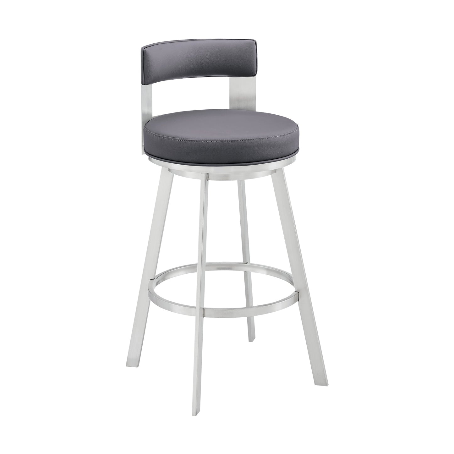 Lynof Swivel Counter Stool in Silver Metal with Gray Faux Leather