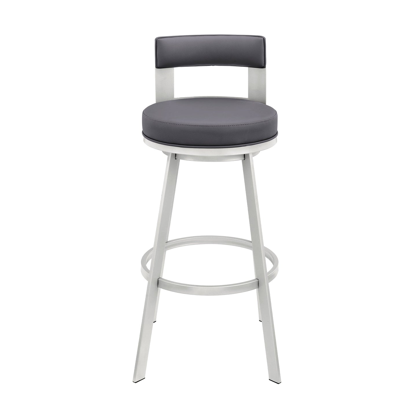 Lynof Swivel Counter Stool in Silver Metal with Gray Faux Leather