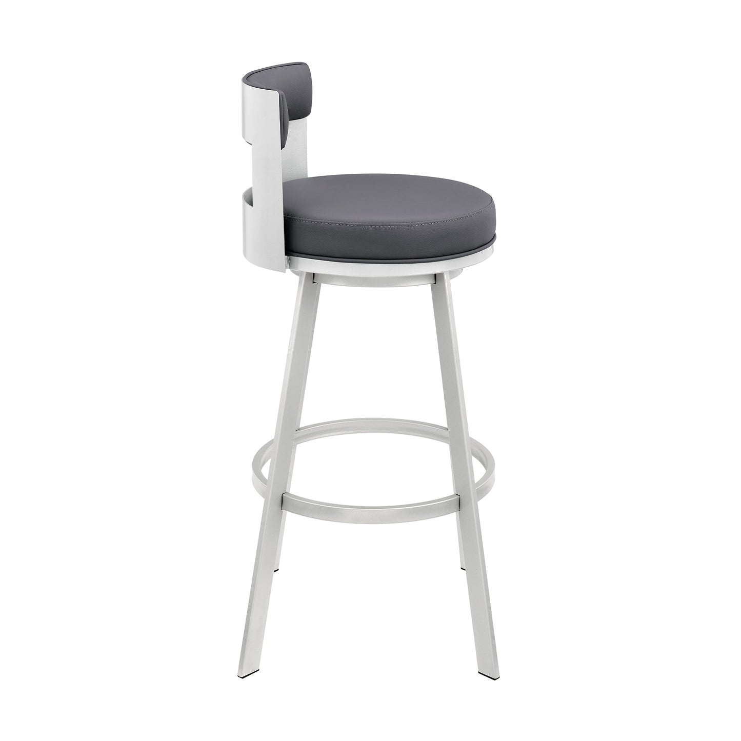 Lynof Swivel Counter Stool in Silver Metal with Gray Faux Leather