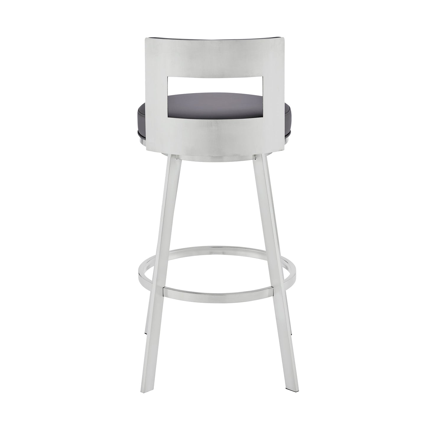 Lynof Swivel Counter Stool in Silver Metal with Gray Faux Leather