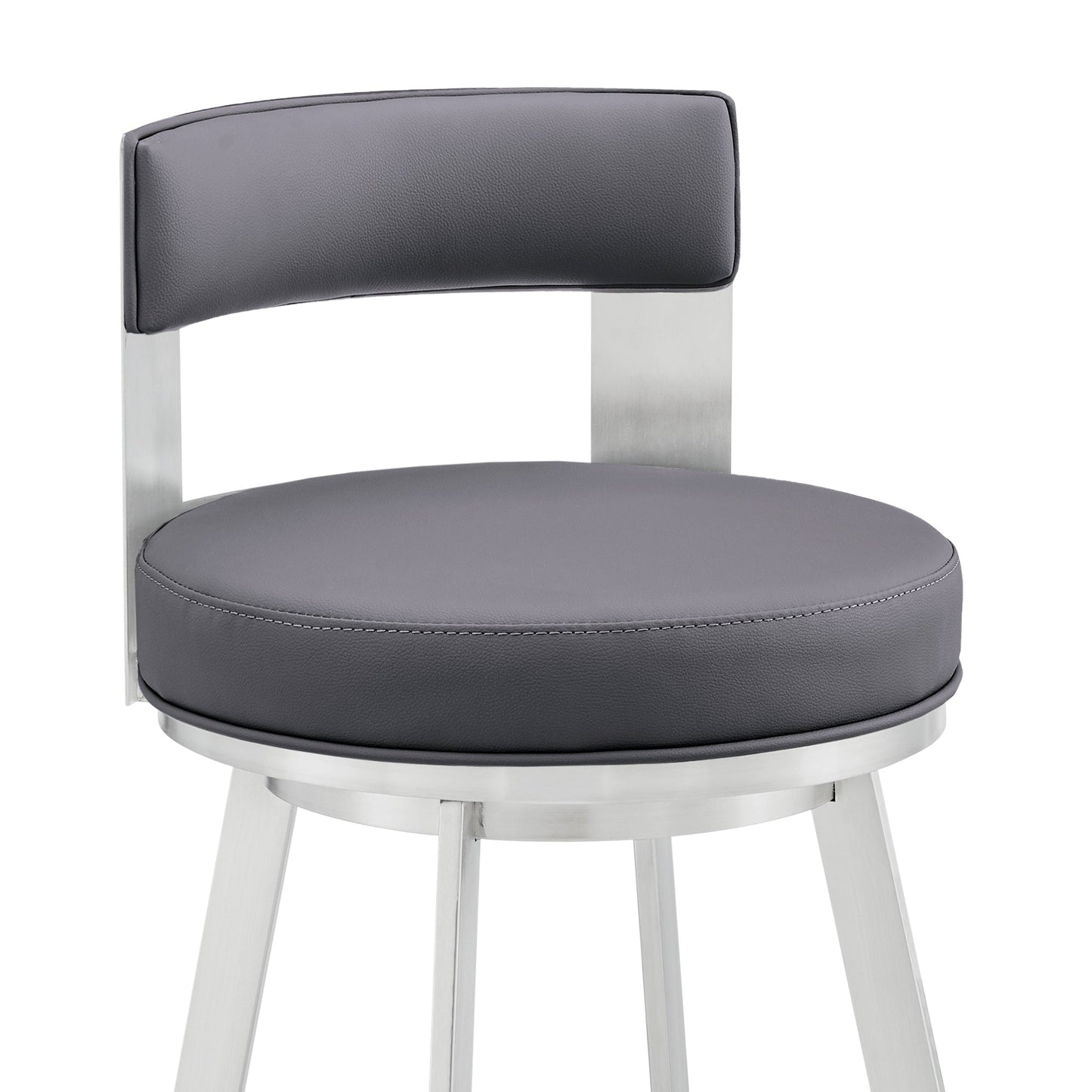 Lynof Swivel Counter Stool in Silver Metal with Gray Faux Leather