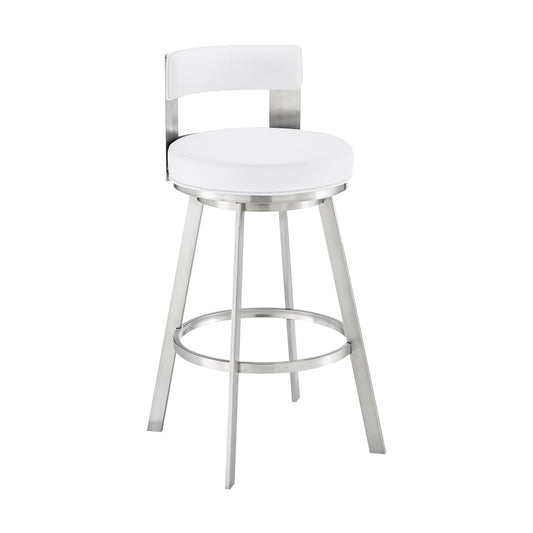 Lynof Swivel Counter Stool in Brushed Stainless Steel with White Faux Leather