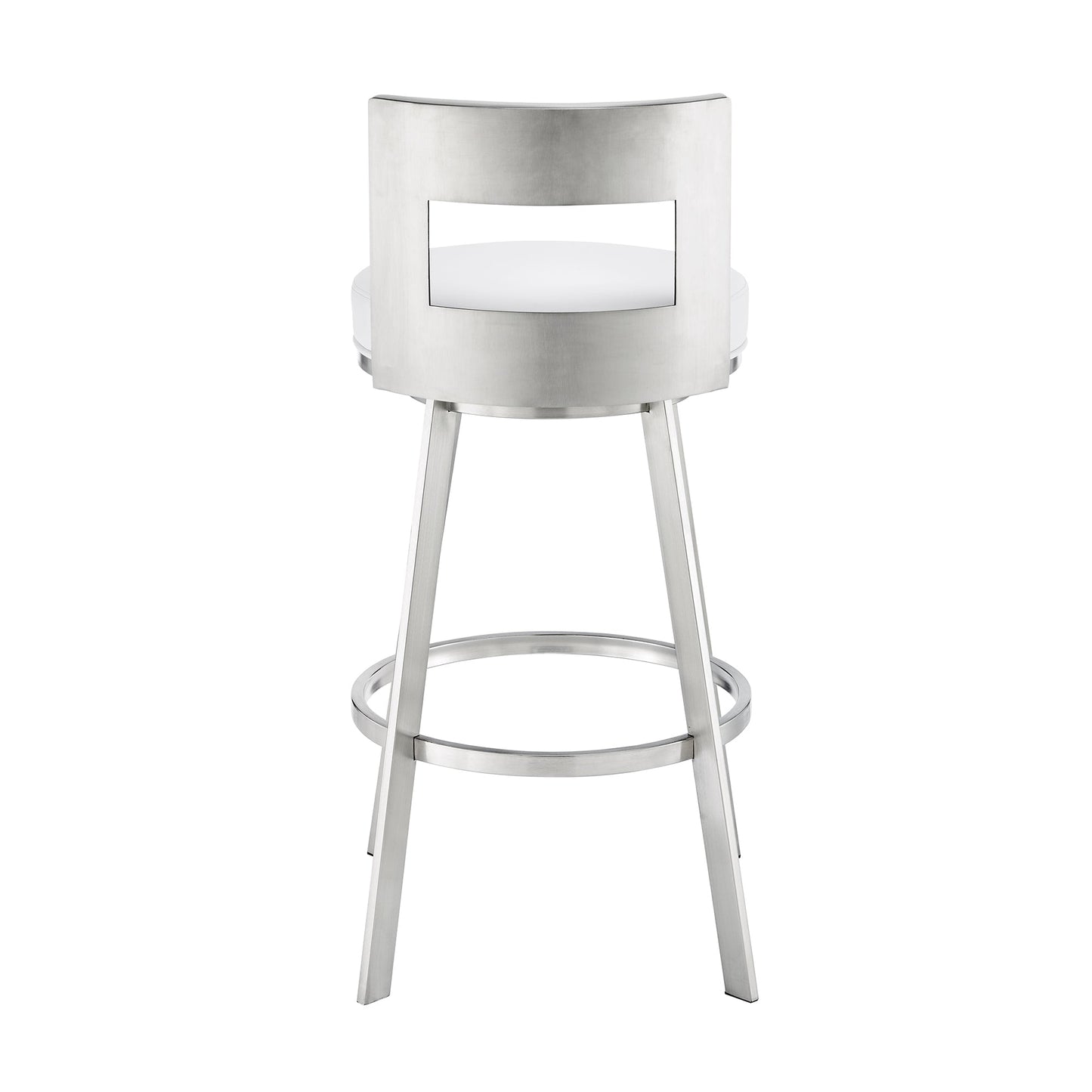 Lynof Swivel Counter Stool in Brushed Stainless Steel with White Faux Leather