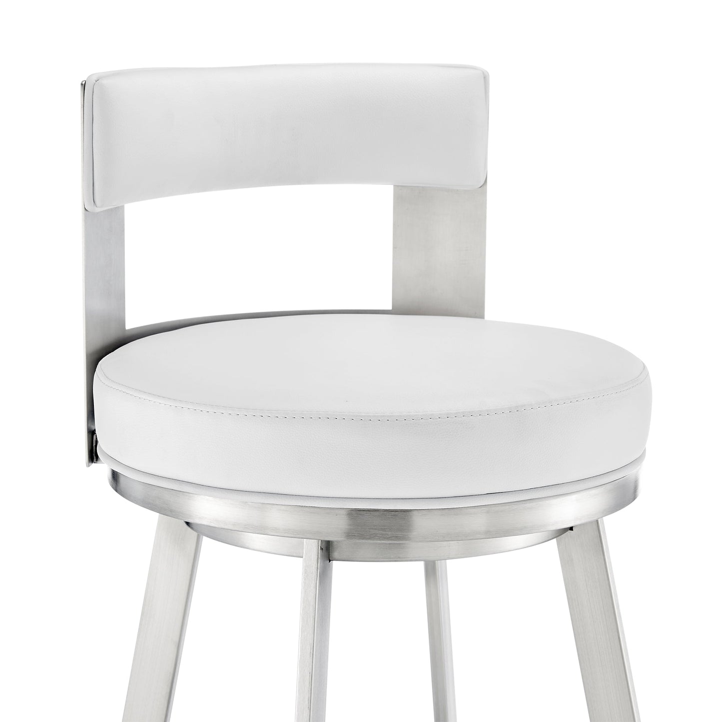 Lynof Swivel Counter Stool in Brushed Stainless Steel with White Faux Leather