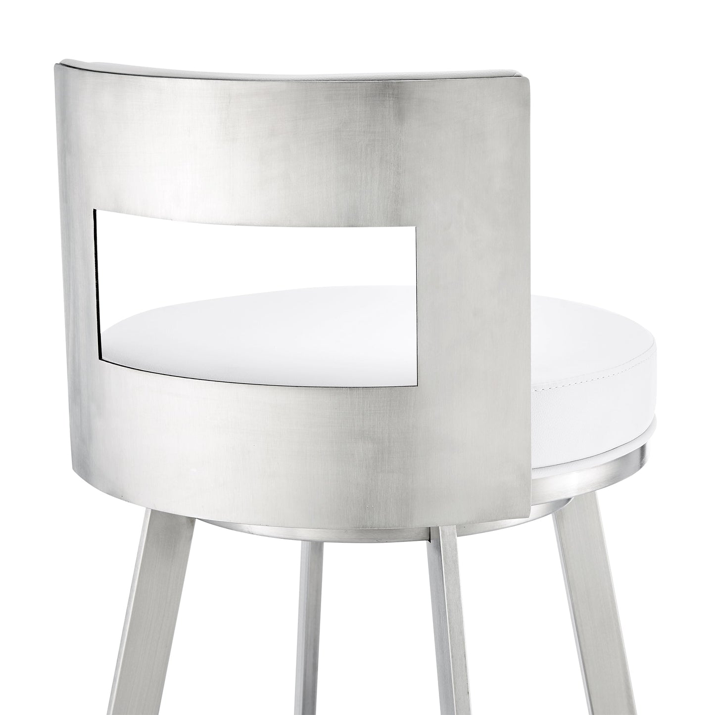 Lynof Swivel Counter Stool in Brushed Stainless Steel with White Faux Leather