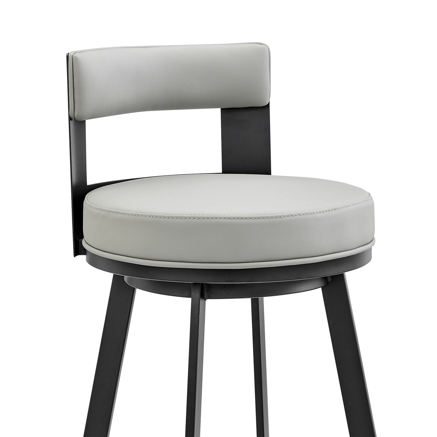 Lynof Swivel Bar Stool in Black Metal with Light Gray Faux Leather