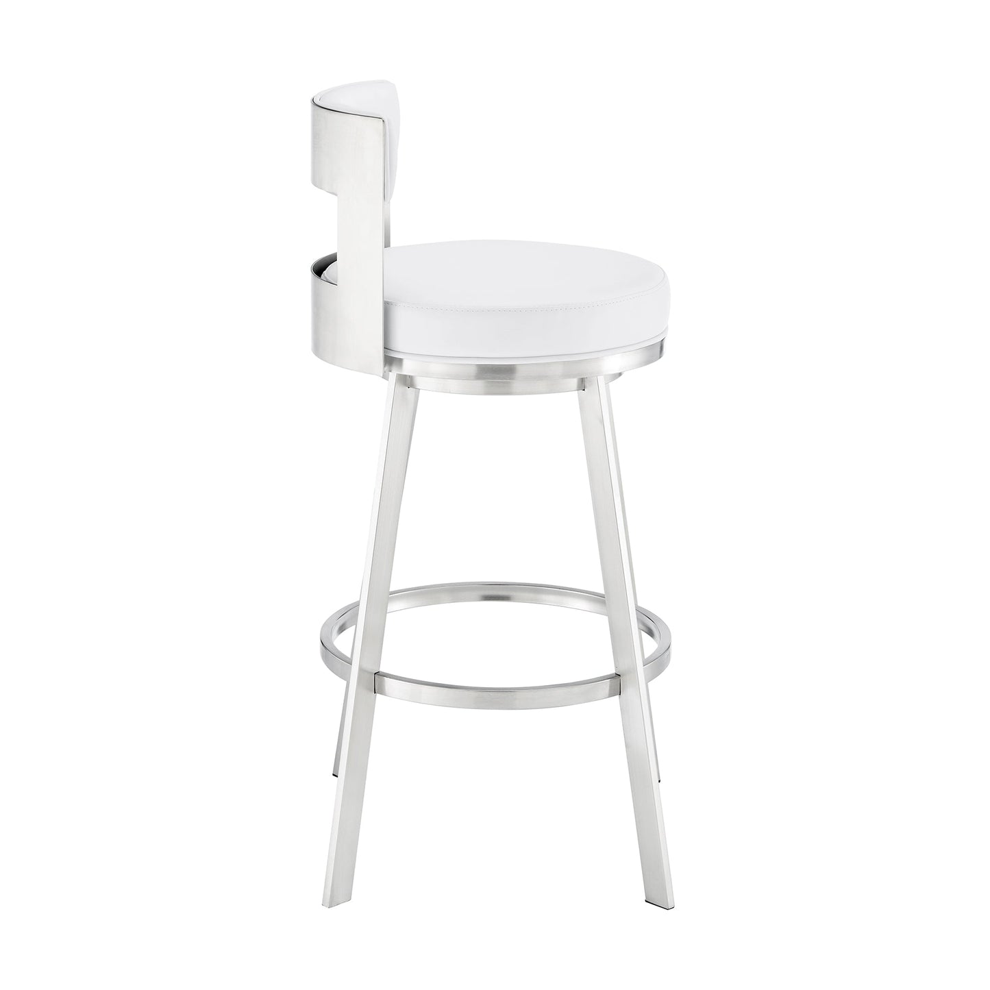 Lynof Swivel Bar Stool in Brushed Stainless Steel with White Faux Leather