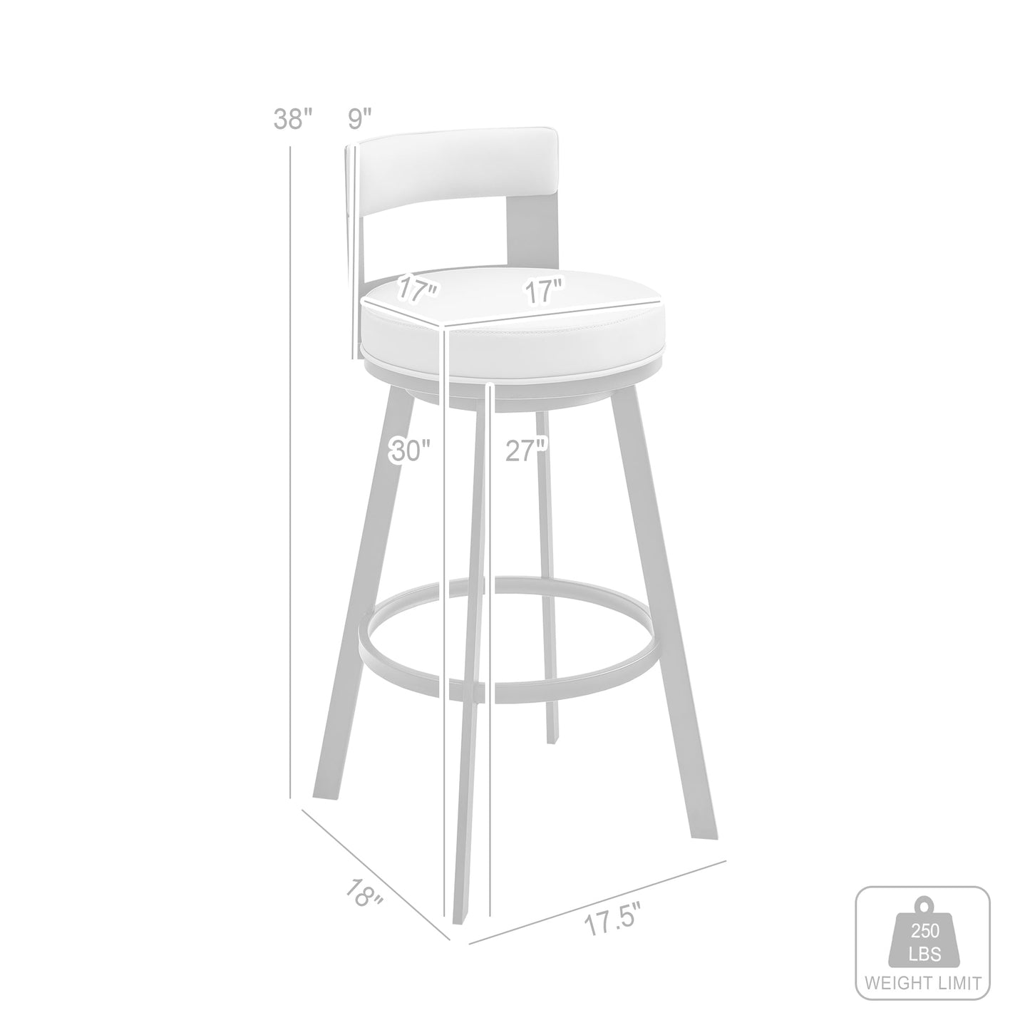 Lynof Swivel Bar Stool in Brushed Stainless Steel with White Faux Leather