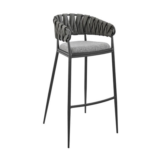 Vigona Bar Stool in Black Metal with Gray Fabric and Faux Leather