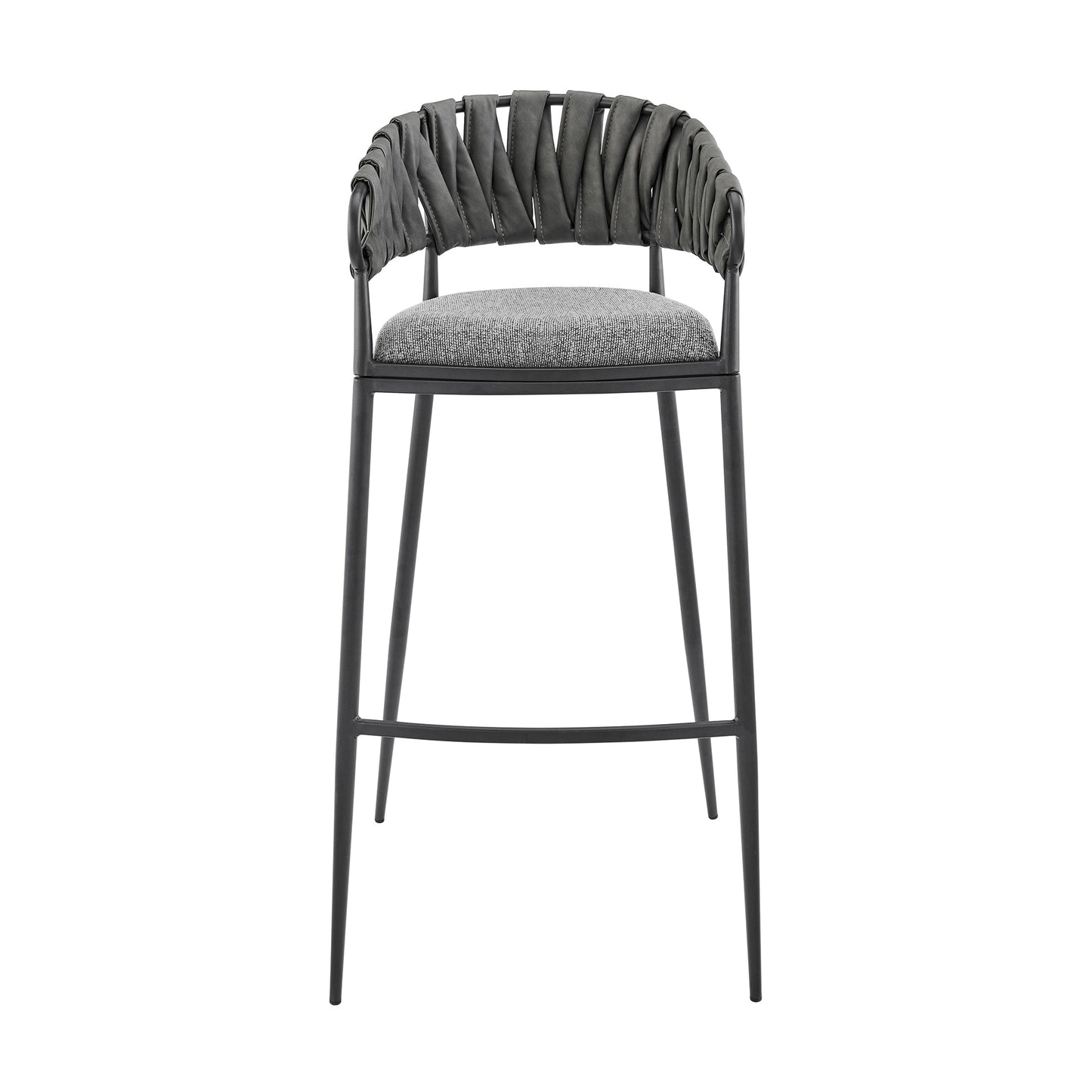 Vigona Bar Stool in Black Metal with Gray Fabric and Faux Leather