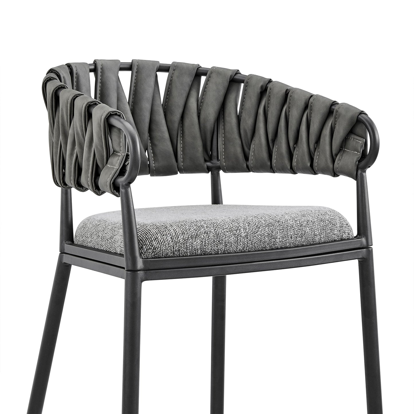 Vigona Bar Stool in Black Metal with Gray Fabric and Faux Leather