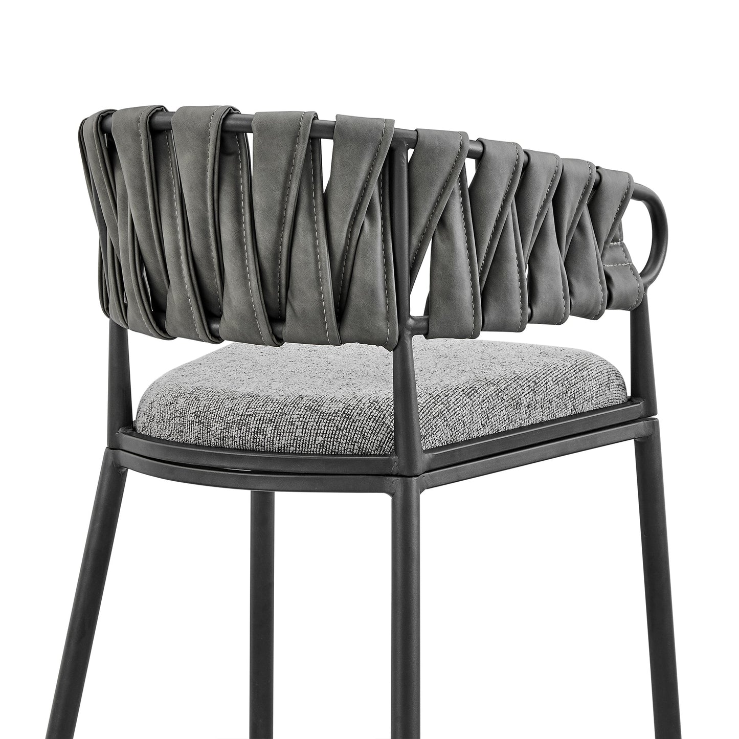 Vigona Bar Stool in Black Metal with Gray Fabric and Faux Leather