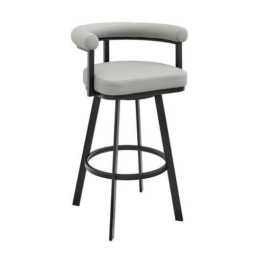 Nolagam Swivel Counter Stool in Black Metal with Light Gray Faux Leather