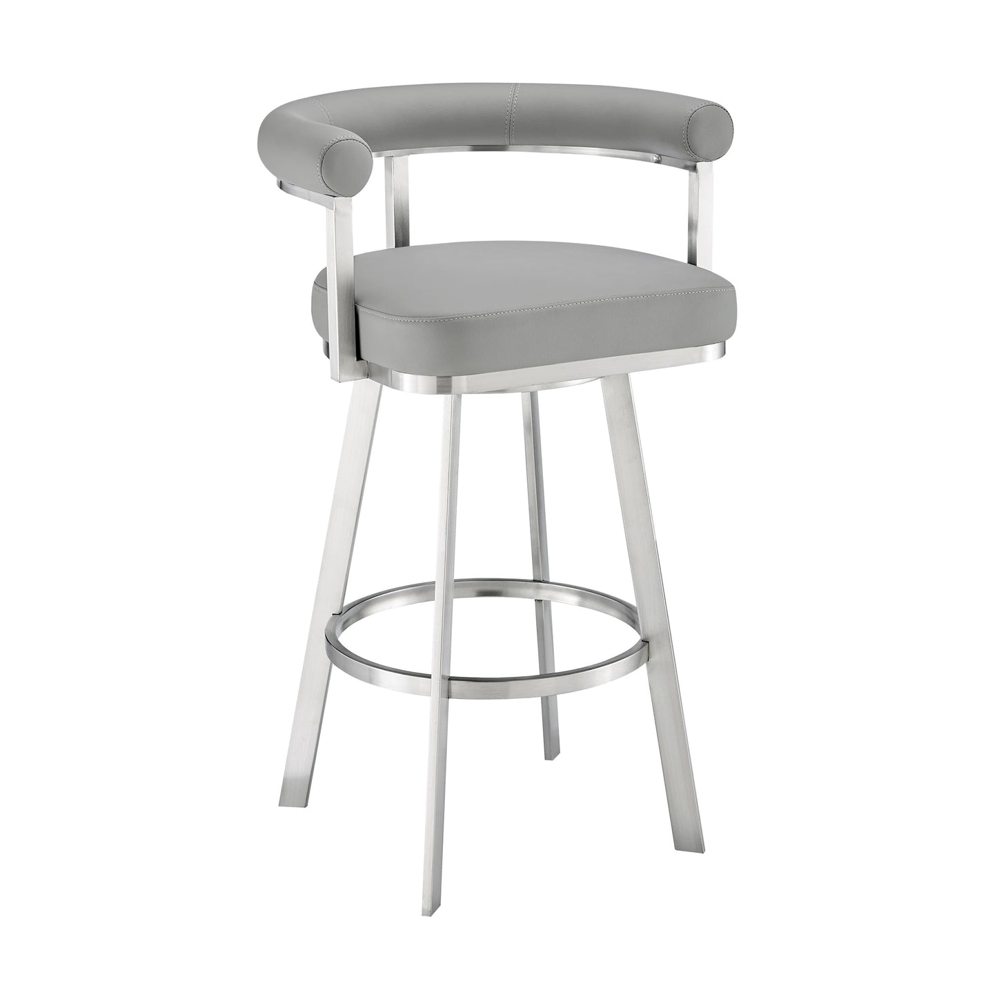 Nolagam Swivel Counter Stool in Brushed Stainless Steel with Light Gray Faux Leather