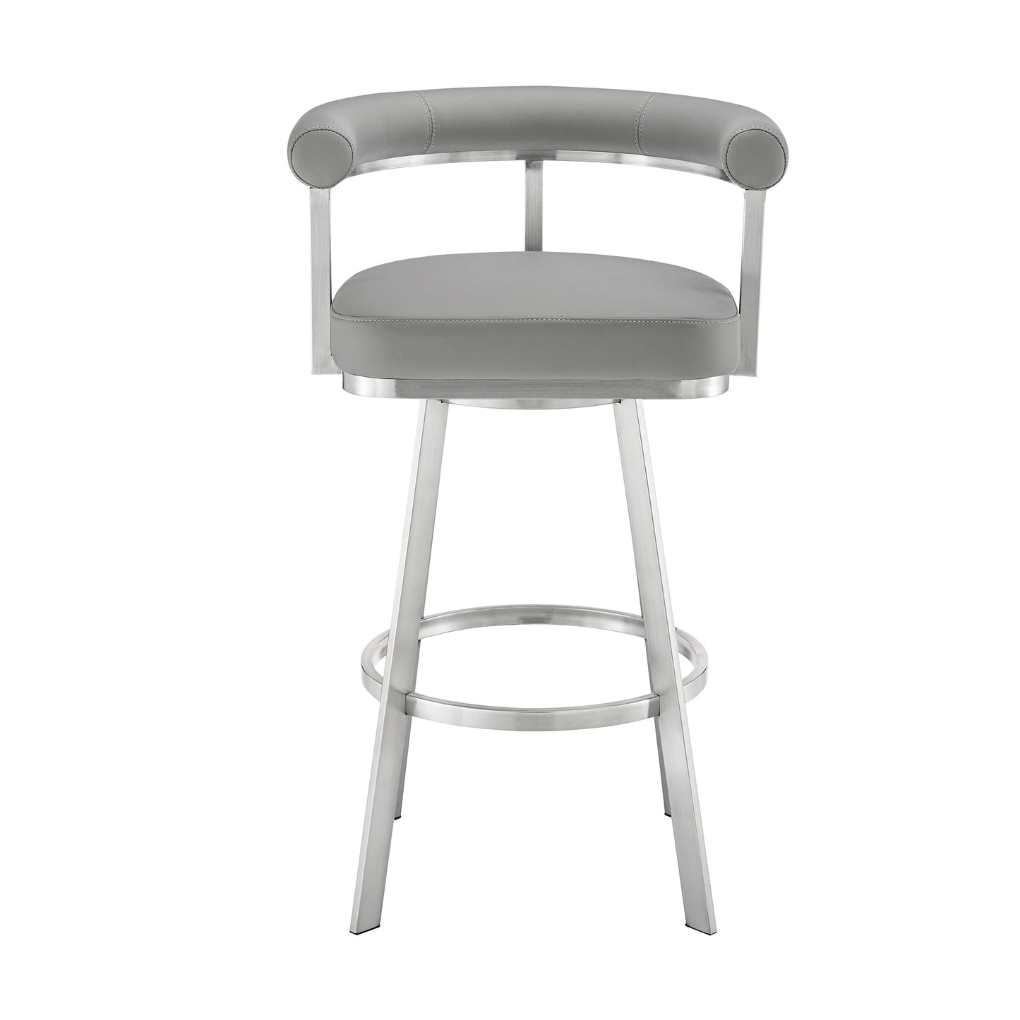 Nolagam Swivel Counter Stool in Brushed Stainless Steel with Light Gray Faux Leather