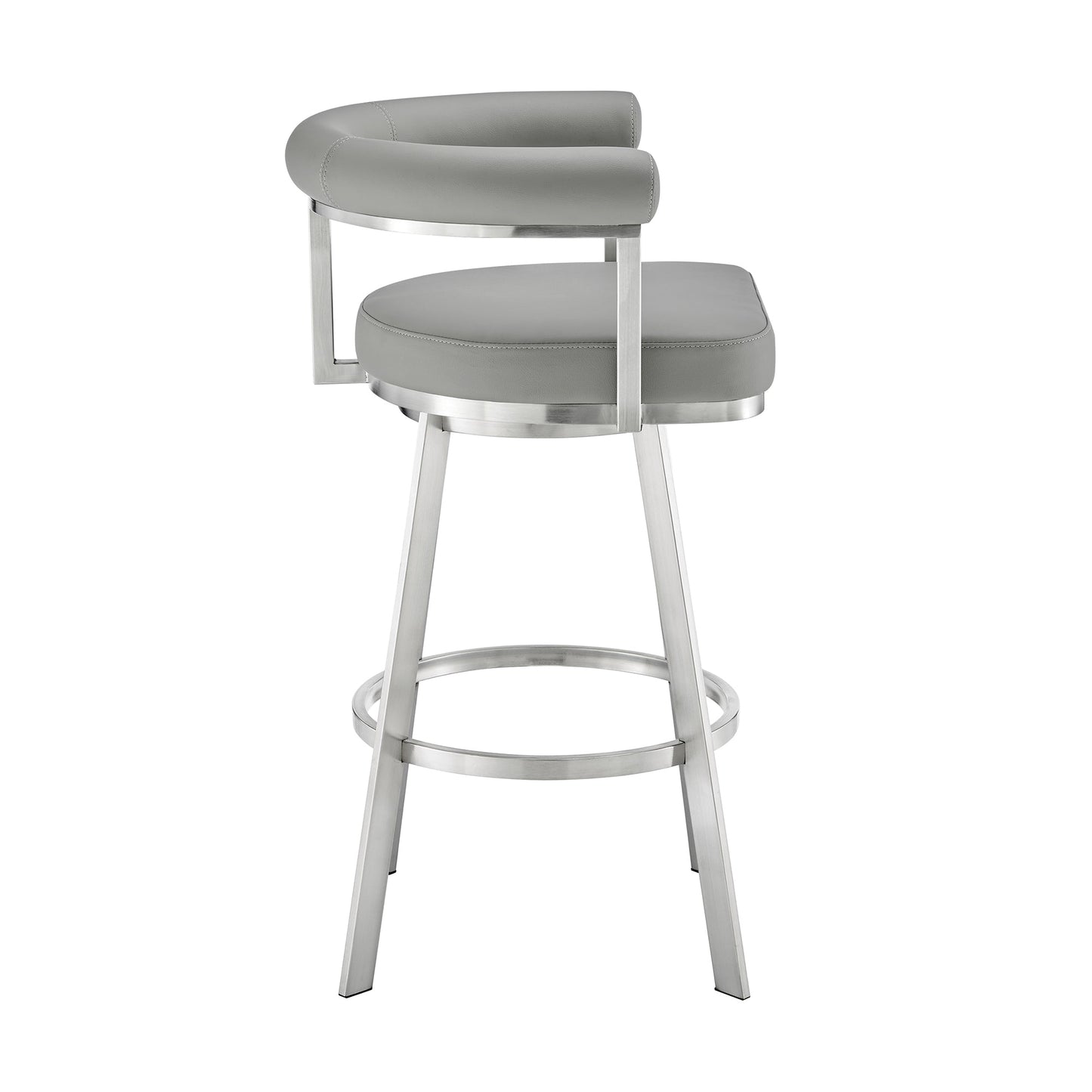 Nolagam Swivel Counter Stool in Brushed Stainless Steel with Light Gray Faux Leather