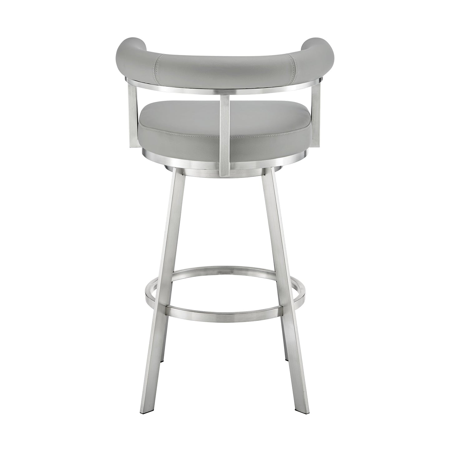 Nolagam Swivel Counter Stool in Brushed Stainless Steel with Light Gray Faux Leather