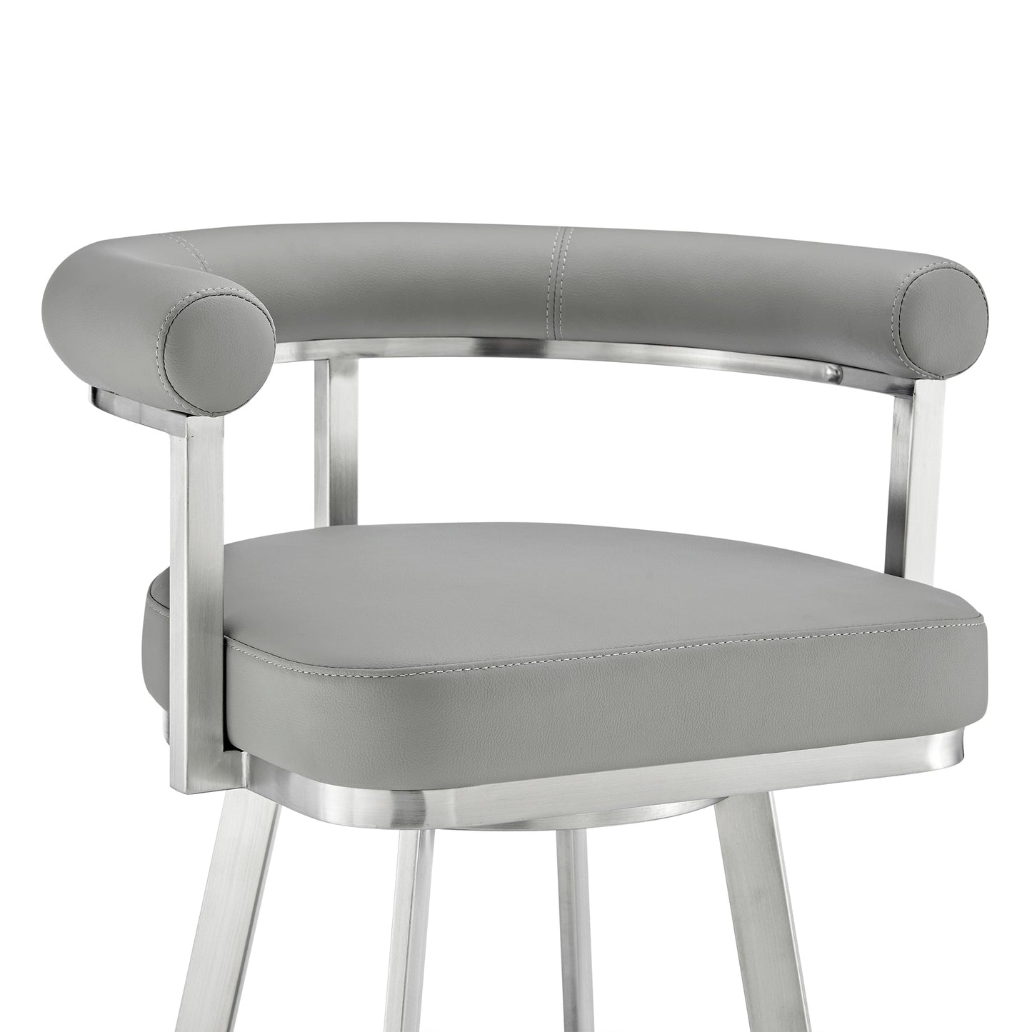 Nolagam Swivel Counter Stool in Brushed Stainless Steel with Light Gray Faux Leather