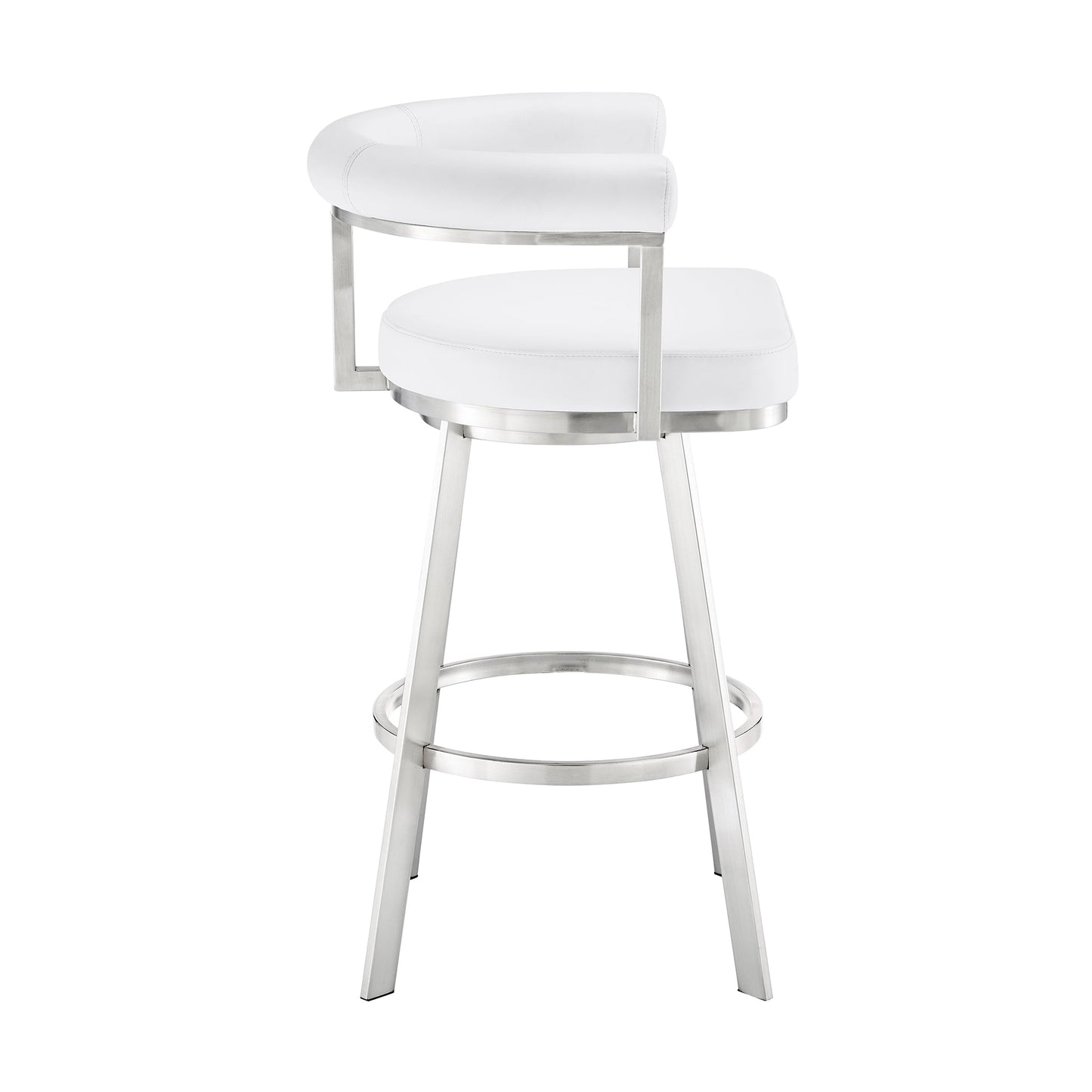 Nolagam Swivel Counter Stool in Brushed Stainless Steel with White Faux Leather