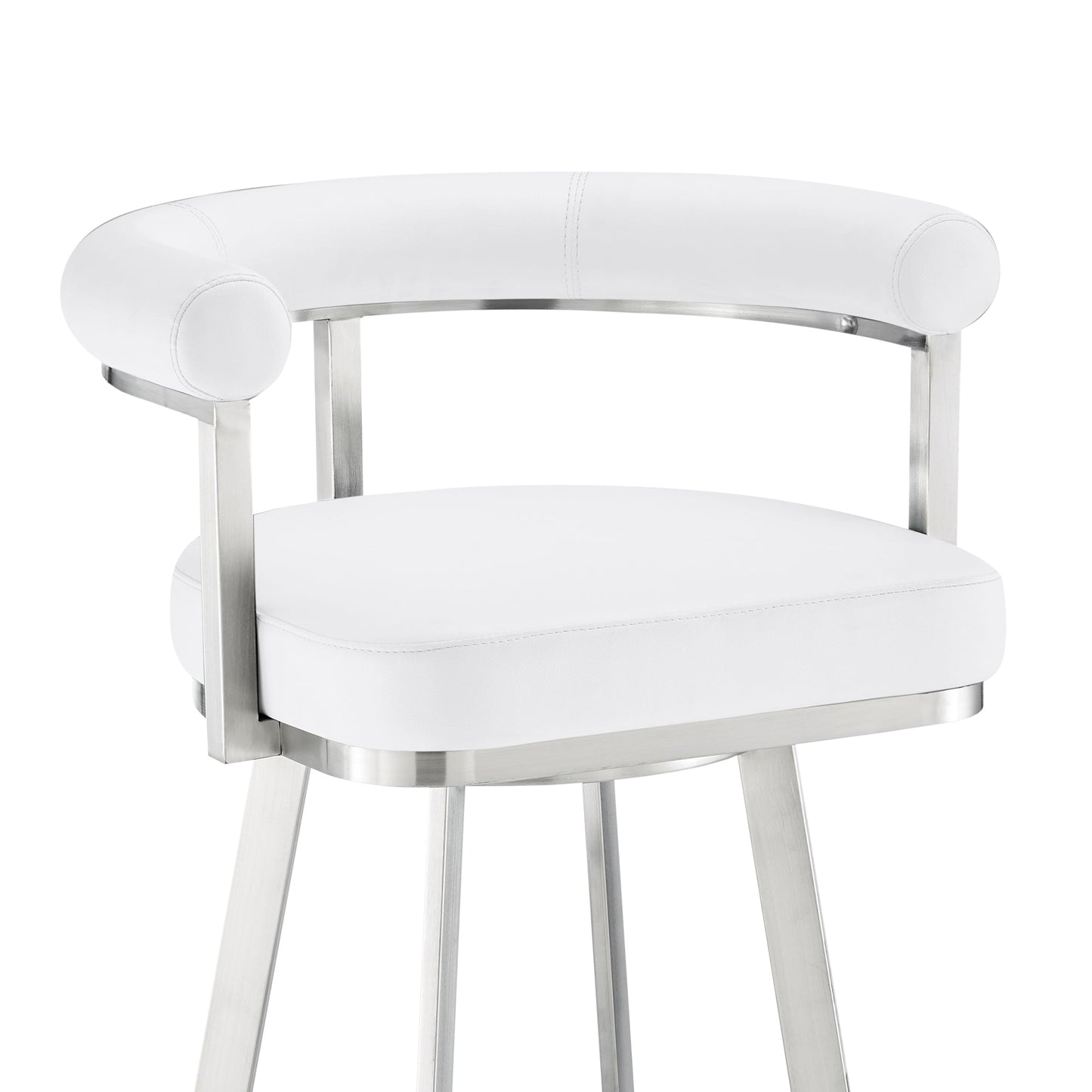 Nolagam Swivel Counter Stool in Brushed Stainless Steel with White Faux Leather