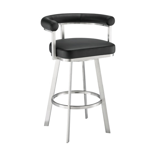 Nolagam Swivel Bar Stool in Brushed Stainless Steel with Black Faux Leather