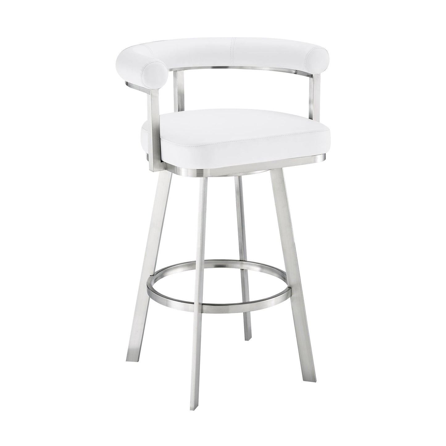 Nolagam Swivel Bar Stool in Brushed Stainless Steel with White Faux Leather